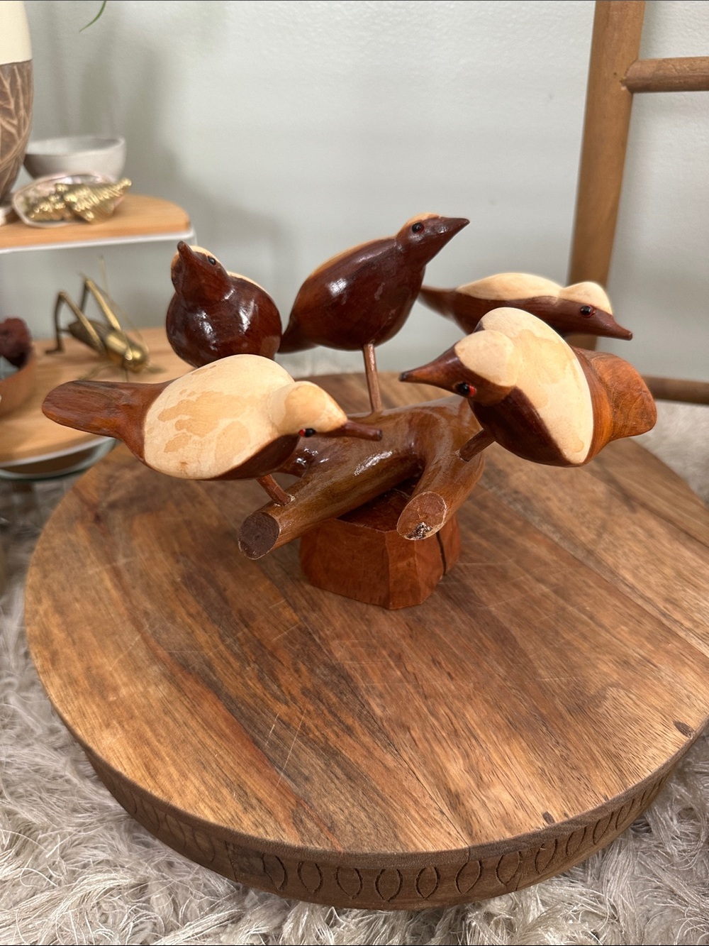 Vtg Danish Modern Style Carved Wood Birds On Branch Sculpture MCM Handmade As Is